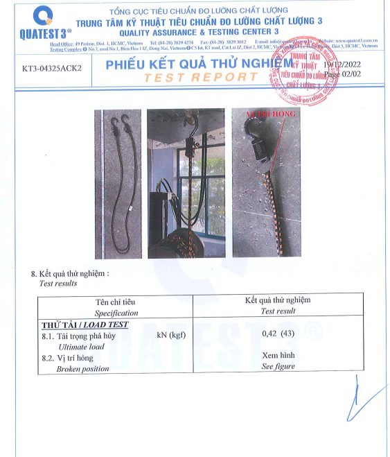 Phiếu thử tải QUATEST 3, tải trọng phá hủy 0,42 kN